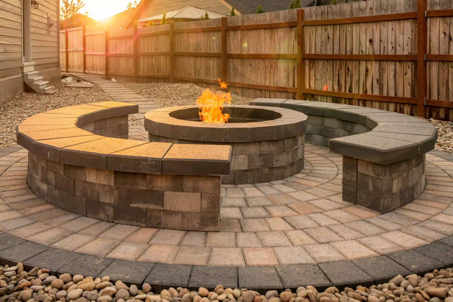 Chateau Modern FIre Pit Kit Cambridge Blend patio fire going